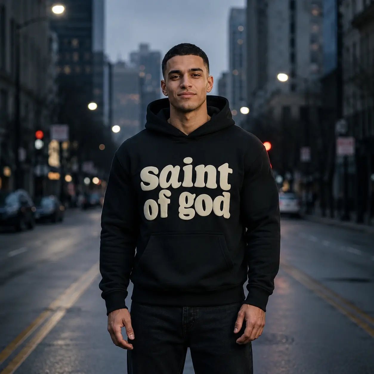 Saint of God Heavyweight Hoodie Black Men's Hoodie Soulful Faith Christian Apparel & Jewelry