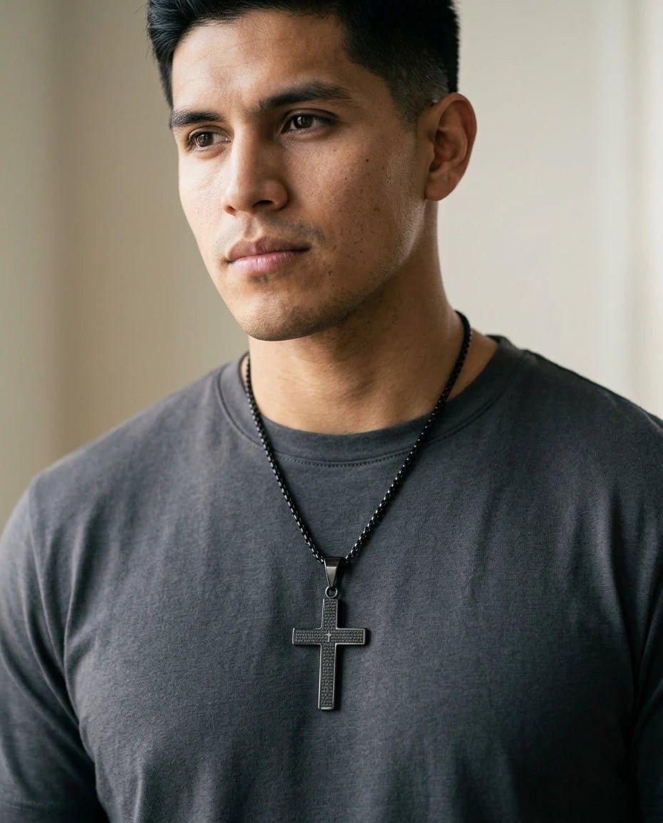 Scripture Cross Necklace Black Gunmetal Unisex Necklace Soulful Faith Christian Apparel & Jewelry