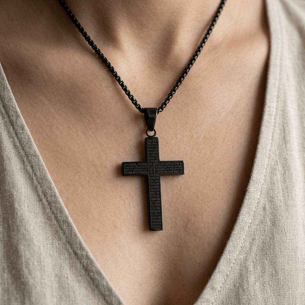 Scripture Cross Necklace Black Gunmetal Unisex Necklace Soulful Faith Christian Apparel & Jewelry