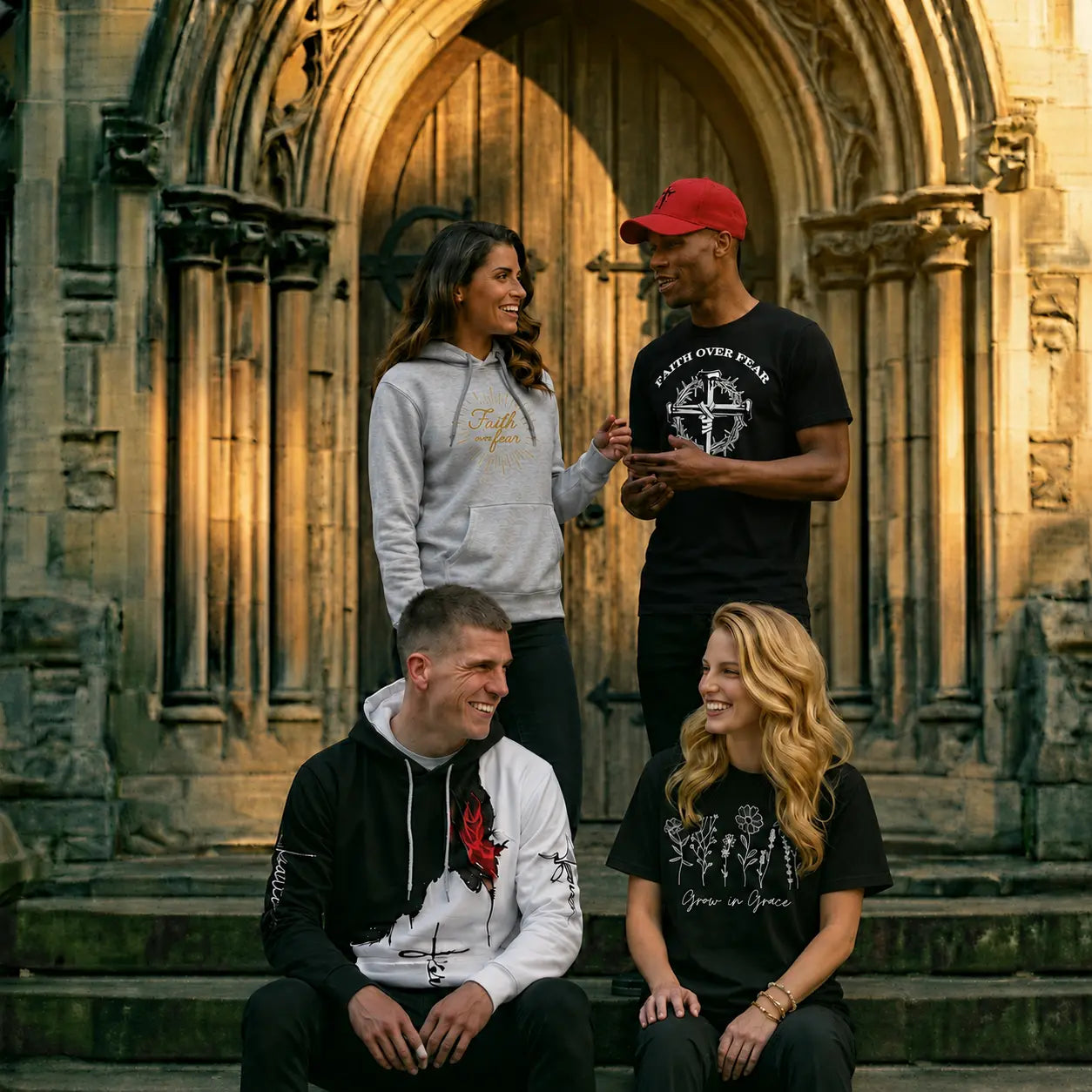 Four people posing in front of a church stone steps and door with warm lighting wearing Christian clothing by Soulful Faith