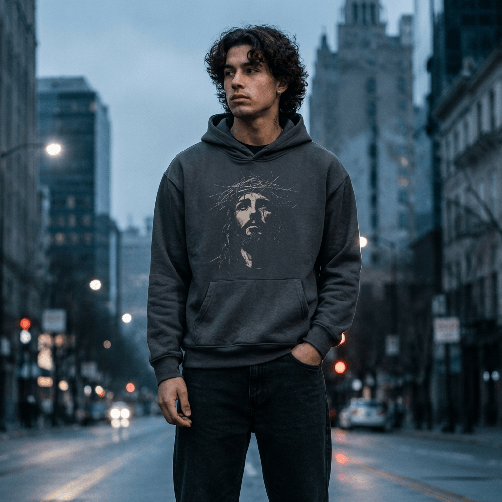 Vintage Jesus Face Hoodie Black Men's Hoodie Soulful Faith Christian Apparel & Jewelry