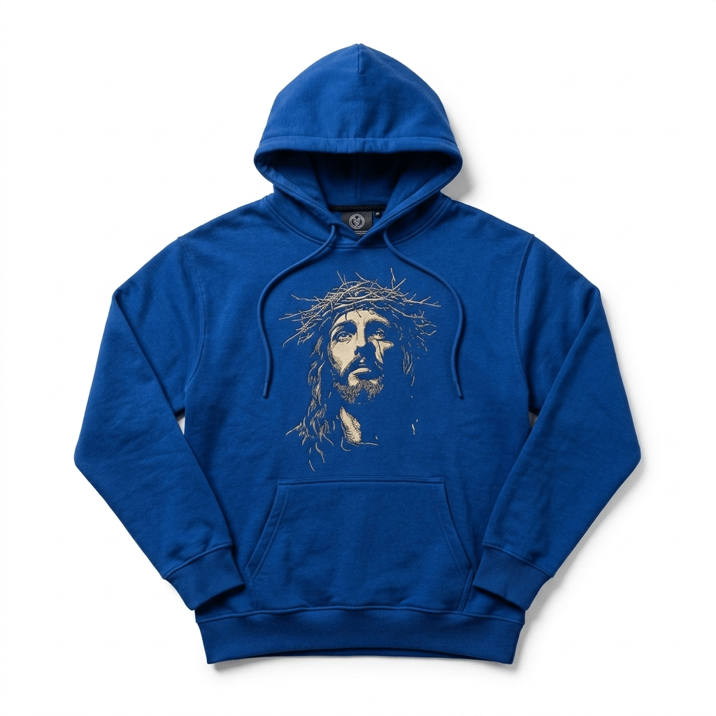 Vintage Jesus Face Hoodie Blue Men's Hoodie Soulful Faith Christian Apparel & Jewelry