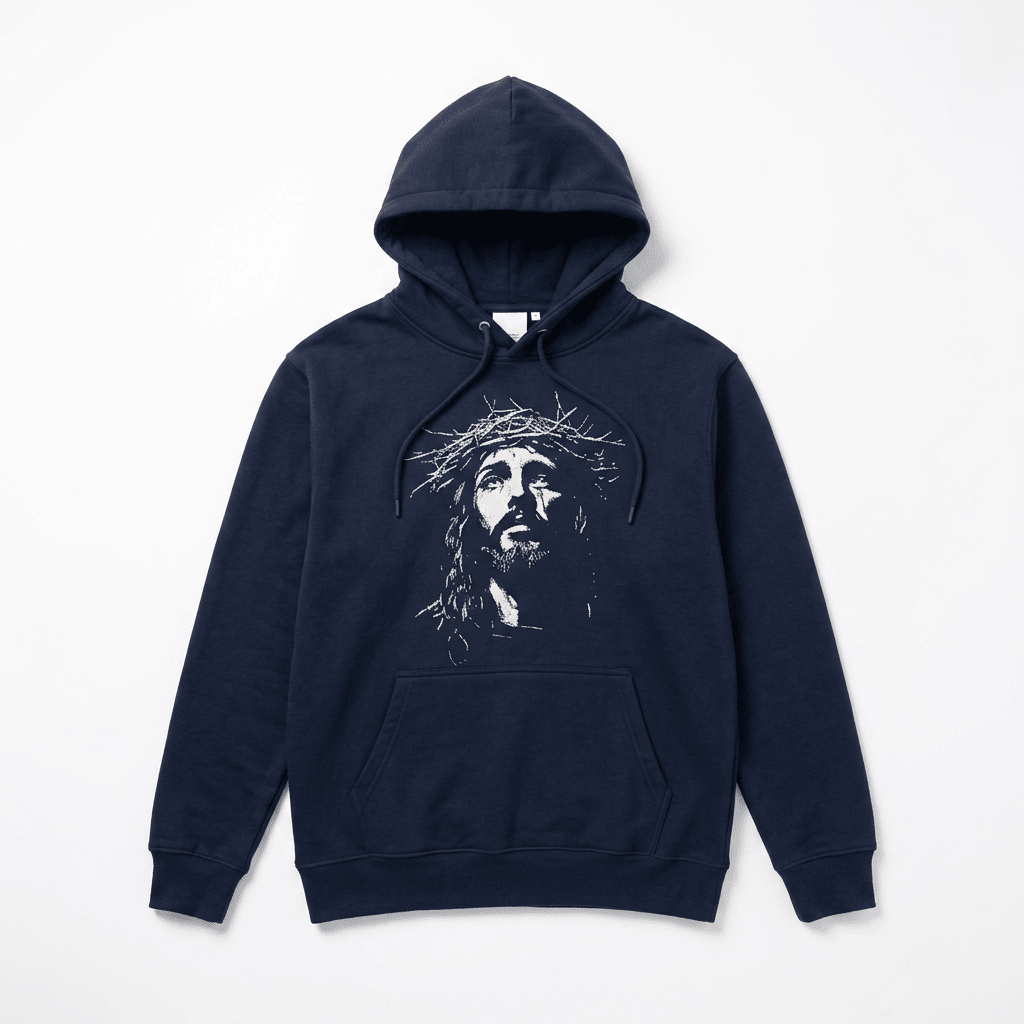Vintage Jesus Face Hoodie Navy Men's Hoodie Soulful Faith Christian Apparel & Jewelry
