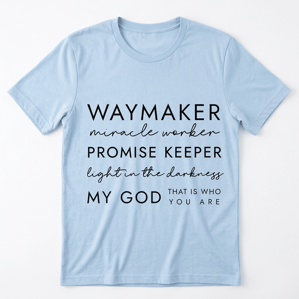 Waymaker Miracle Worker Tee Light Blue Women's T-Shirt Soulful Faith Christian Apparel & Jewelry