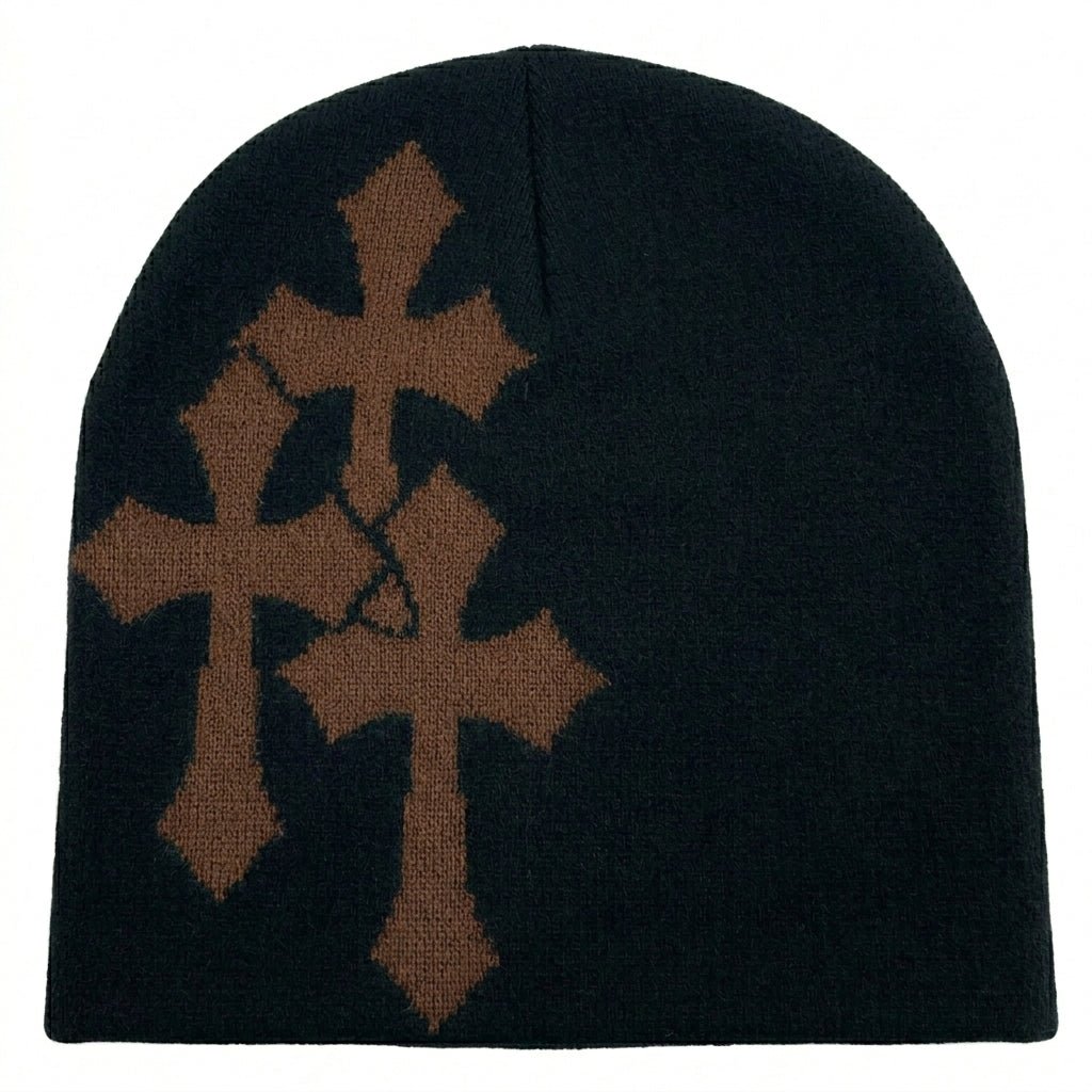 Y2K Crucifix Knitted Hat Black & Brown Knitted Hat Soulful Faith Christian Apparel & Jewelry