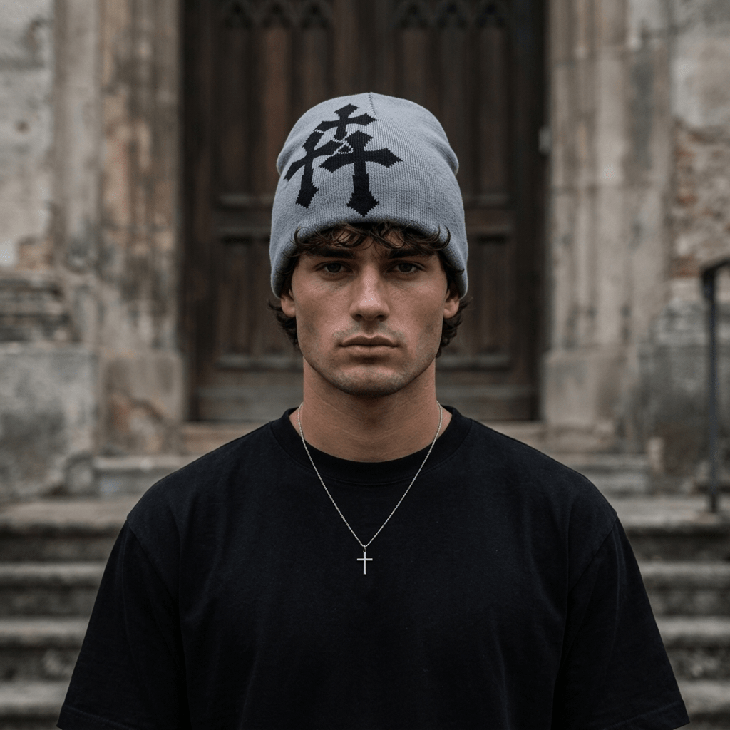Y2K Crucifix Knitted Hat Black & Brown Knitted Hat Soulful Faith Christian Apparel & Jewelry