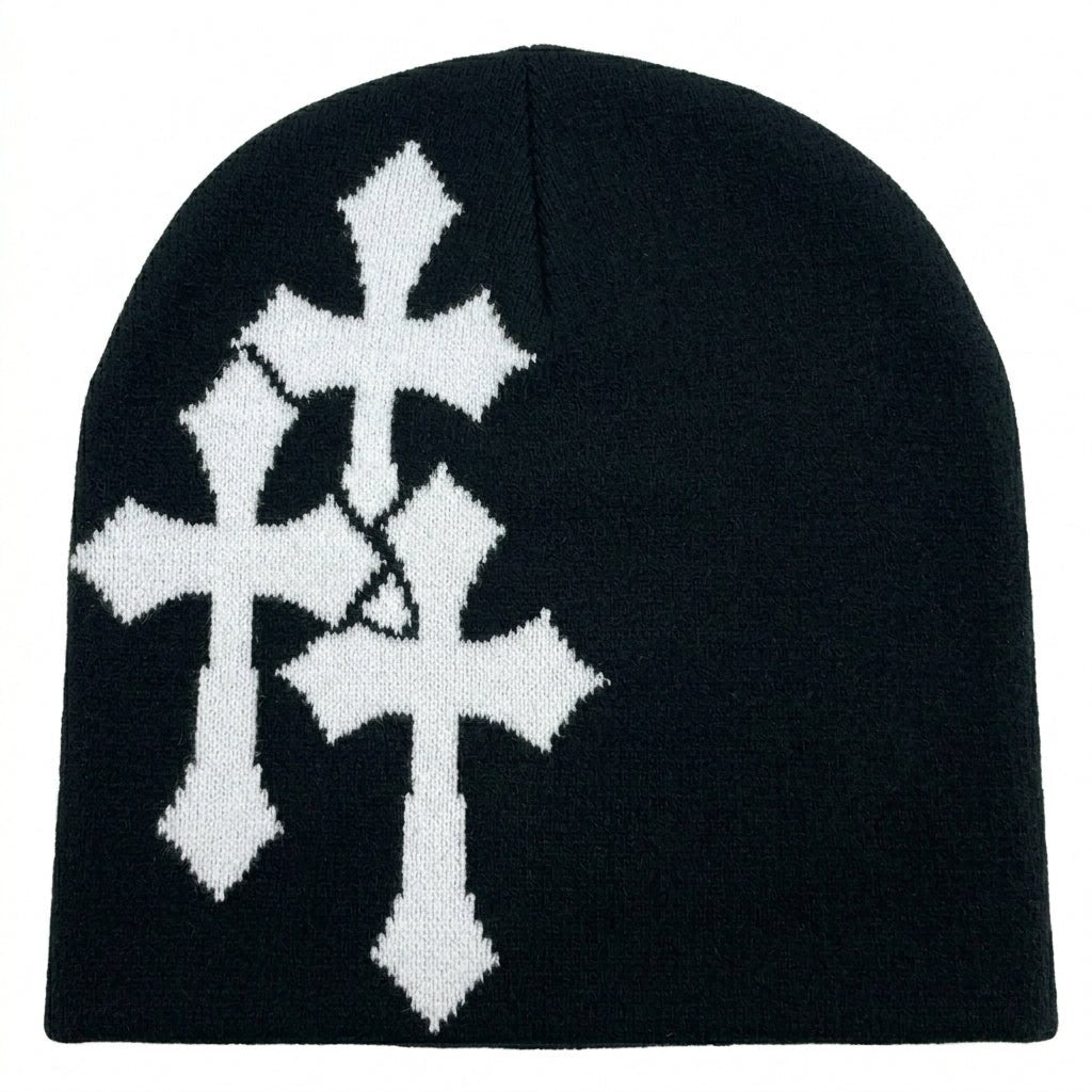 Y2K Crucifix Knitted Hat Black & White Knitted Hat Soulful Faith Christian Apparel & Jewelry