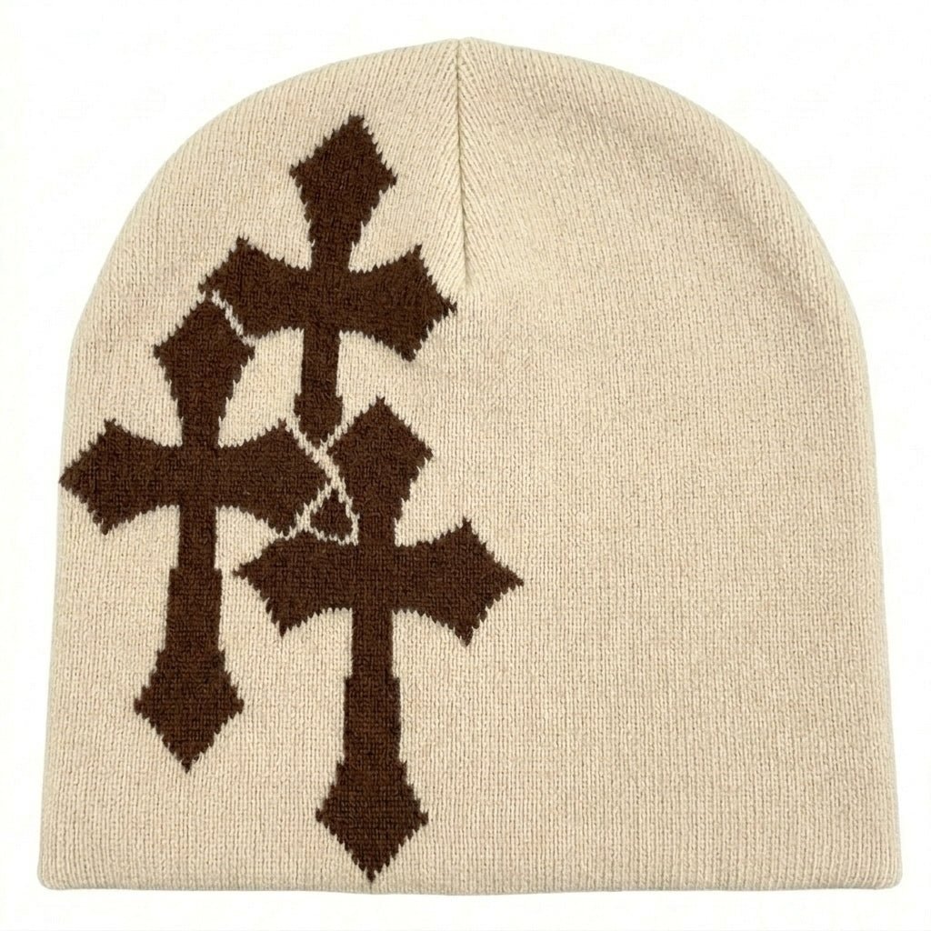 Y2K Crucifix Knitted Hat Cream Knitted Hat Soulful Faith Christian Apparel & Jewelry