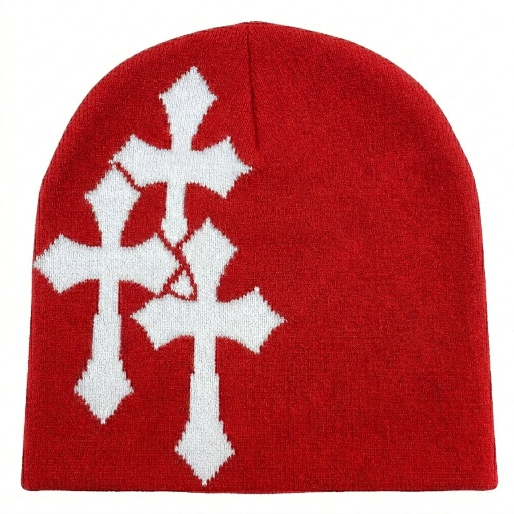 Y2K Crucifix Knitted Hat Red Knitted Hat Soulful Faith Christian Apparel & Jewelry