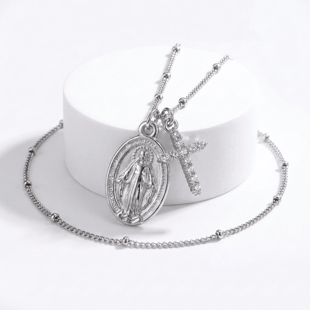 Zircon Virgin Mary Cross Necklace Silver Women's Necklace Soulful Faith Christian Apparel & Jewelry